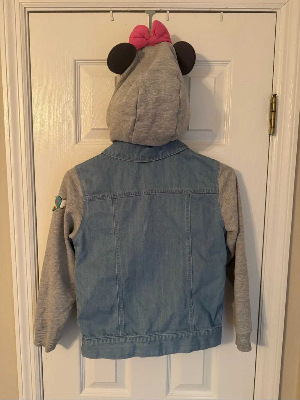 Disney Girls' Minnie Denim Jacket with Gray Sleeves and Pink Hood